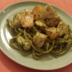 Salmon/Chicken with Pesto Fettuccine A picture of Salmon/Chicken with Pesto Fettuccine.