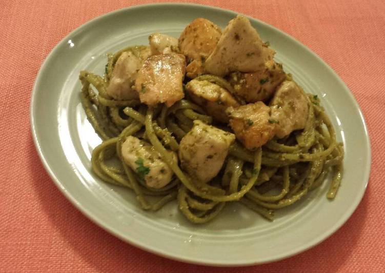 Simple Way to Prepare Speedy Salmon/Chicken with Pesto Fettuccine