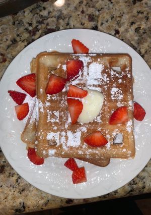 A picture of Waffles with Strawberries.