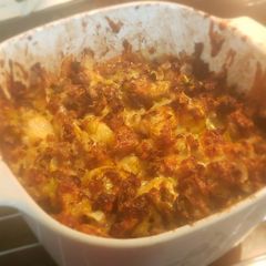 A picture of Brussel sprouts and sausage casserole.