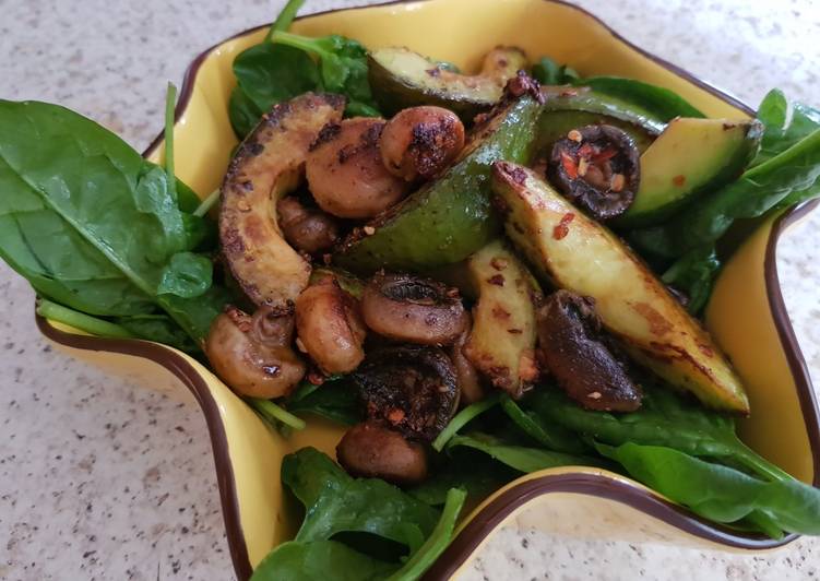 Simple Way to Make Ultimate My Buttered Salt n pepper Mushroomson,Advocado on bed of Spinach