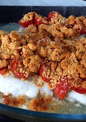 Une photo de Dos de cabillaud crumble parmesan chorizo