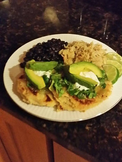 A picture of Brad's pupusas de rajas with frijoles negro and Arroz verde.