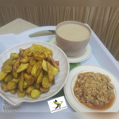 A picture of Fried potato with tofu sauce and kunun alkama.