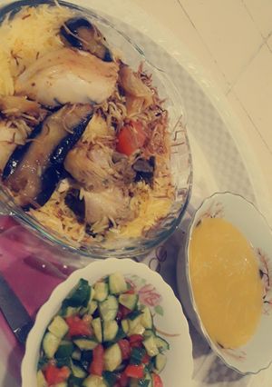 صورة لوصفة رز بالباذنجان والدجاج والشعرية وشوربة العدس 😍