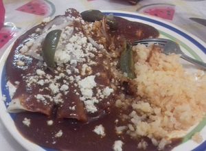 Una foto de Enmoladas  mexicanas con polvo de camarón, con relleno de atún de lata y puré a lo ranchero