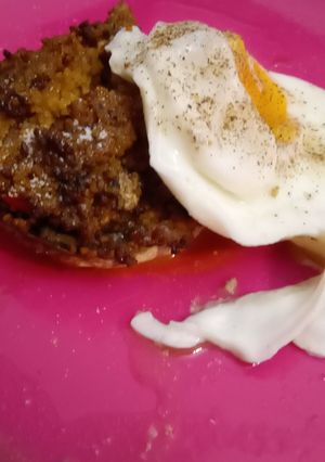 A picture of Cous cous filled mushroom with egg. Airfryer.