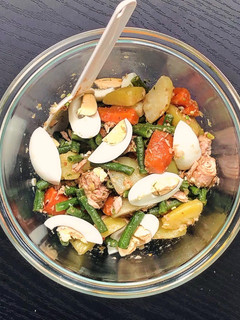 A picture of Warm Salad (Potato, Green Beans, Carrot, Egg, and Tuna).