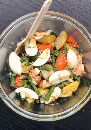 A picture of Warm Salad (Potato, Green Beans, Carrot, Egg, and Tuna).