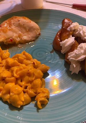 A picture of Italian Baked Chicken with Creamy Shells and Southern Fried Apple’s.