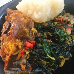 A picture of Seasoned Vegetable and garri.
