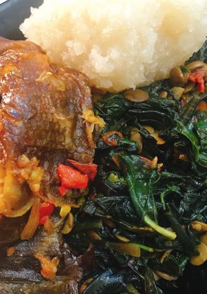 A picture of Seasoned Vegetable and garri.
