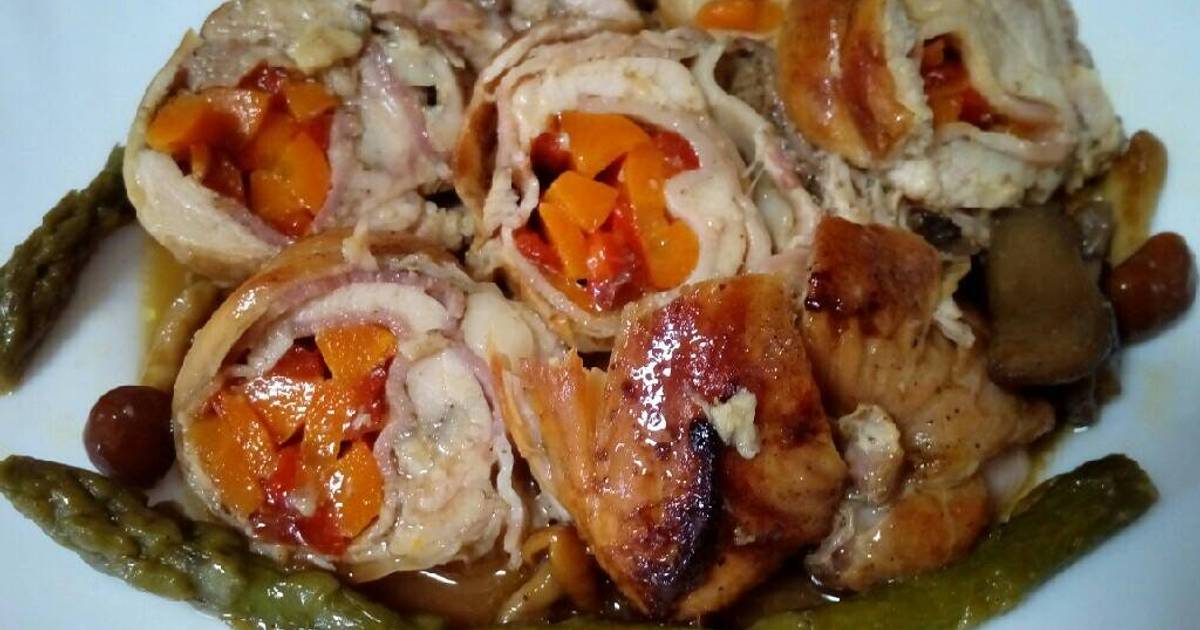 Pollo relleno con verduras y bacon Receta de Ángeles Medina- Cookpad