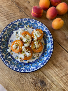 A picture of 🍑 Baked apricots, ricotta, pistacio, honey.