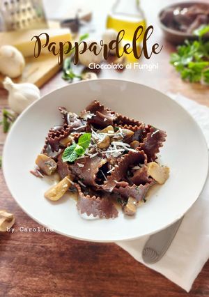 Foto resep Pappardelle Cioccolato ai Funghi || Pasta Coklat Saus Jamur