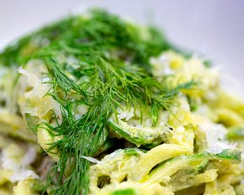 Ultimate Cooking Recipe Zucchini Noodles with Pesto of garlic scapes and Marcona almonds Delicious Perfect