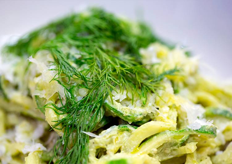 Zucchini Noodles with Pesto of garlic scapes and Marcona almonds