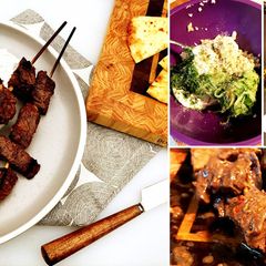 A picture of Moroccan Style Fullblood Wagyu Beef Kabobs with Tzatziki Sauce.
