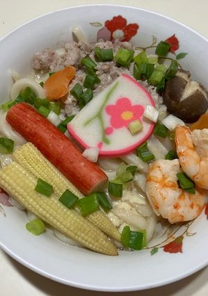 A picture of Steamed Egg with Udon Noodles (Rice Cooker Recipe).