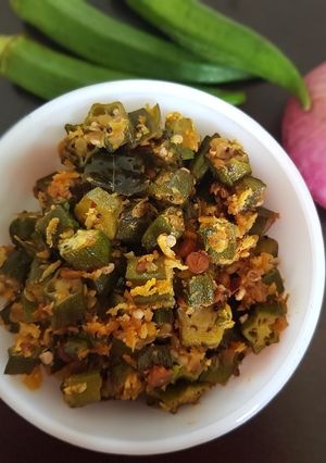 A picture of Ladies finger/ Vendakka/ Okra/ Bhindi Poriyal.