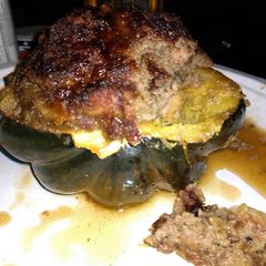 A picture of Coconut ginger and beef stuffed acorn squash.