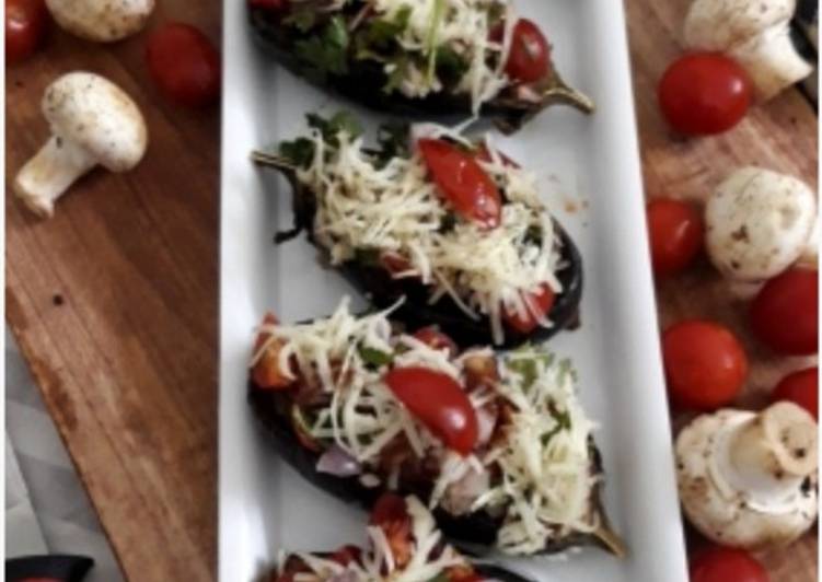 Simple Way to Prepare Ultimate Stuffed Veggie-Mushroom-Tofu Baked Aubergine Boats