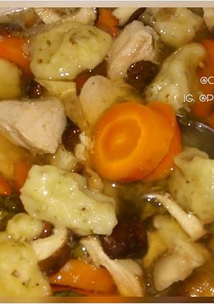 A picture of Chicken Clear Soup with Dumplings in Slow Cooker (Crock pot).