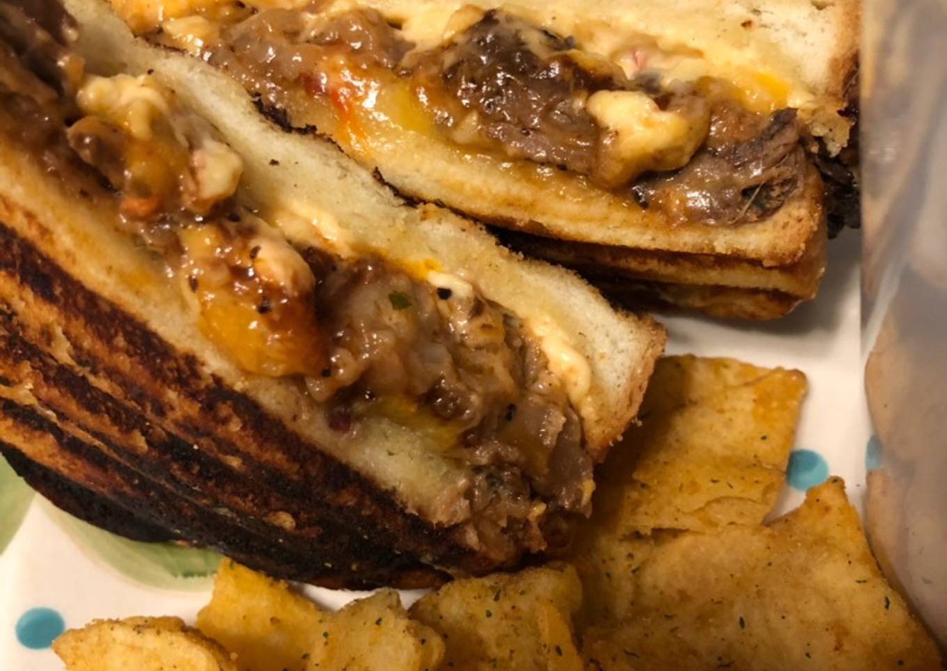 Grilled cheese and pepper sandwich with barbecue beef brisket