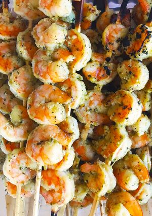 A picture of Vickys Easy Pesto Prawn Skewers, GF DF EF SF NF.