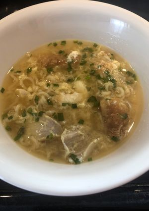 A picture of Easy Egg Drop Soup with Ramen Noodles And Chicken.