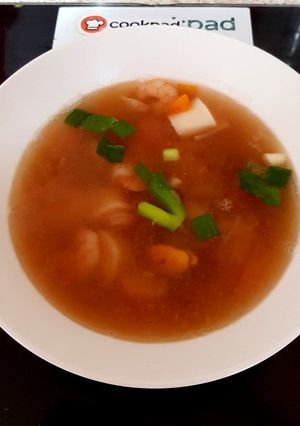A picture of My king Prawn &Mixed Fish Soup with Miso soup a Base. 😉.