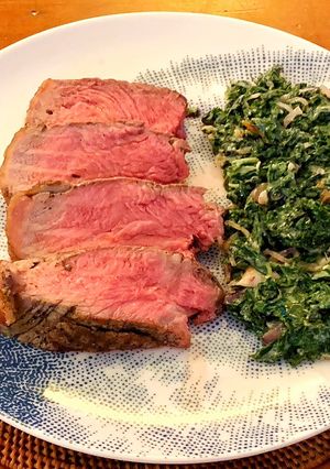 A picture of Grass-fed Tomahawk, Creamed kale and black garlic.
