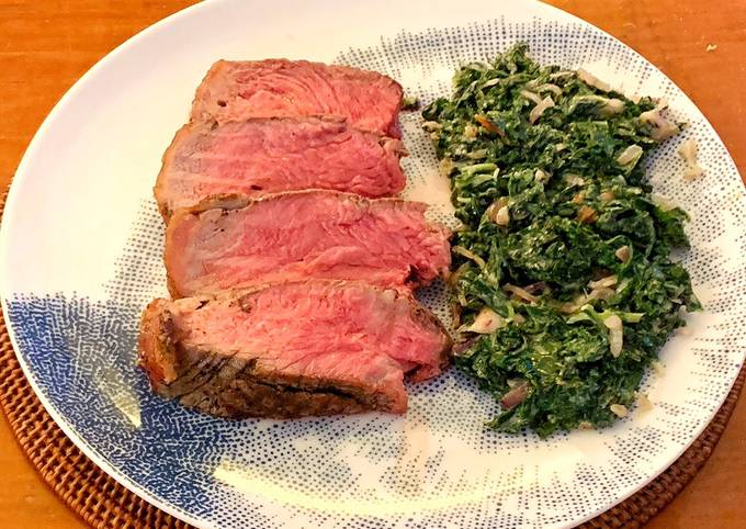 Grass-fed Tomahawk, Creamed kale and black garlic