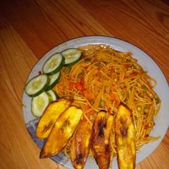 A picture of Ganished Jollof Spaghetti.