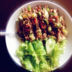 Lettuce wrap,scrambled eggs with minced meat A picture of Lettuce wrap,scrambled eggs with minced meat.