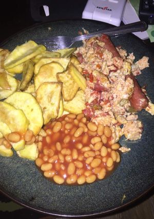 A picture of FriedSweet Potatoes & Scrambled Eggs.