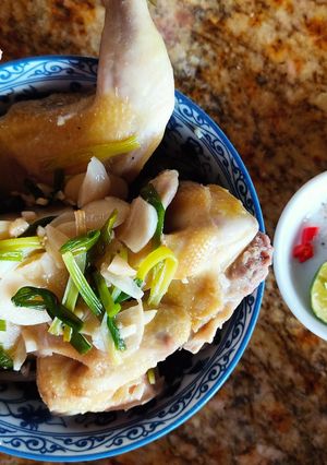 Hình của món Gà tre hấp nước dừa, tỏi 🧄, hành lá.
