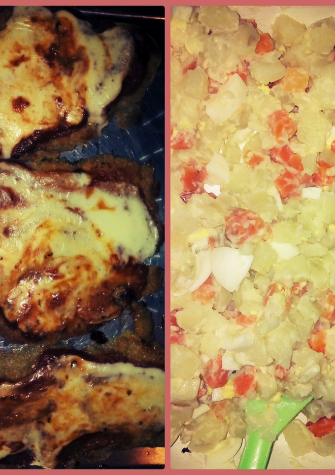 Una foto de Milanesas de Pollo a la napolitana acompañado con ensalada rusa 😋