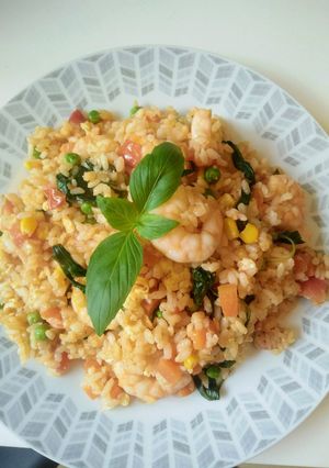 A picture of Thai Basil Shrimp, Tomato, and Egg Fried Rice.