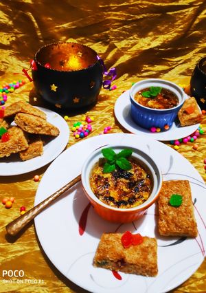 A picture of Shahi Creme brulee with Fruity Coconut Crumble bars.