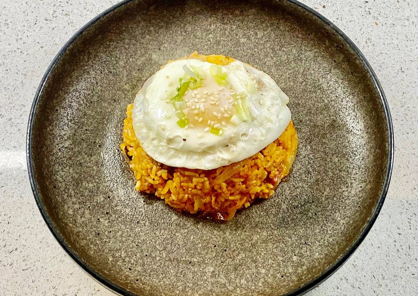 Kimchi fried (with bacon and a fried egg)