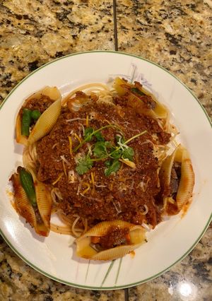 A picture of Spaghetti and Jumbo Shells Stuffed with Beef (Spaghetti and Stuffed Shells).