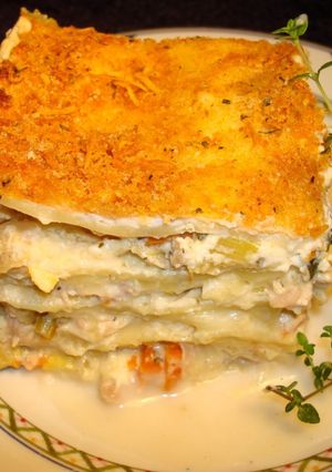 A picture of Chicken Lasagna with Roasted Vegetables, Jon Style.