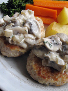 A picture of Chicken Patties with Mushroom Sour Cream Sauce.