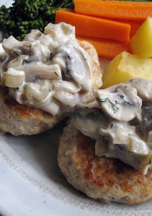 A picture of Chicken Patties with Mushroom Sour Cream Sauce.