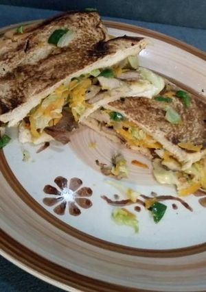 A picture of Grilled beef and vegetable fries sandwich.