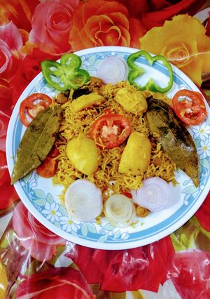 A picture of Aalu soyabean pulav.