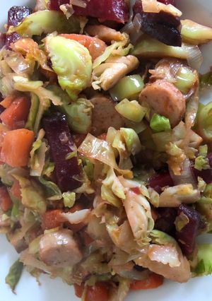 A picture of Sprout Stir Fry with Beetroot.