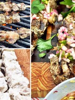 A picture of Grilled Lemongrass and Coconut Wagyu Beef Skewers with Relish.