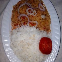 A picture of Indomie with rice.
